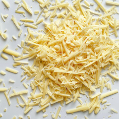 Shredded cheese scattered on white background