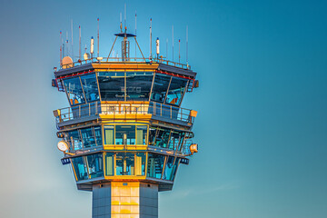 Close-up of an air traffic control tower emphasizing precision and coordination in air travel operations.