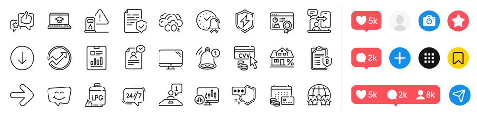 Petrol station, Shield and Privacy policy line icons pack. Social media icons. Power safety, Certificate, Report document web icon. Next, Reminder, Audit pictogram. Vector