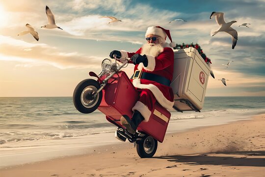 Santa Claus is riding a scooter on a sandy beach, performing a wheelie with seagulls flying around him. The ocean waves are gently crashing in the background under a partly cloudy sky.
