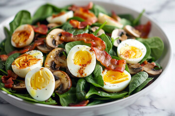 Spinach salad with eggs and bacon.
