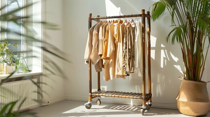 clothes rack in a cosy room in beige shades