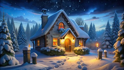 Fototapeta premium A cozy winter Christmas cabin in the woods
