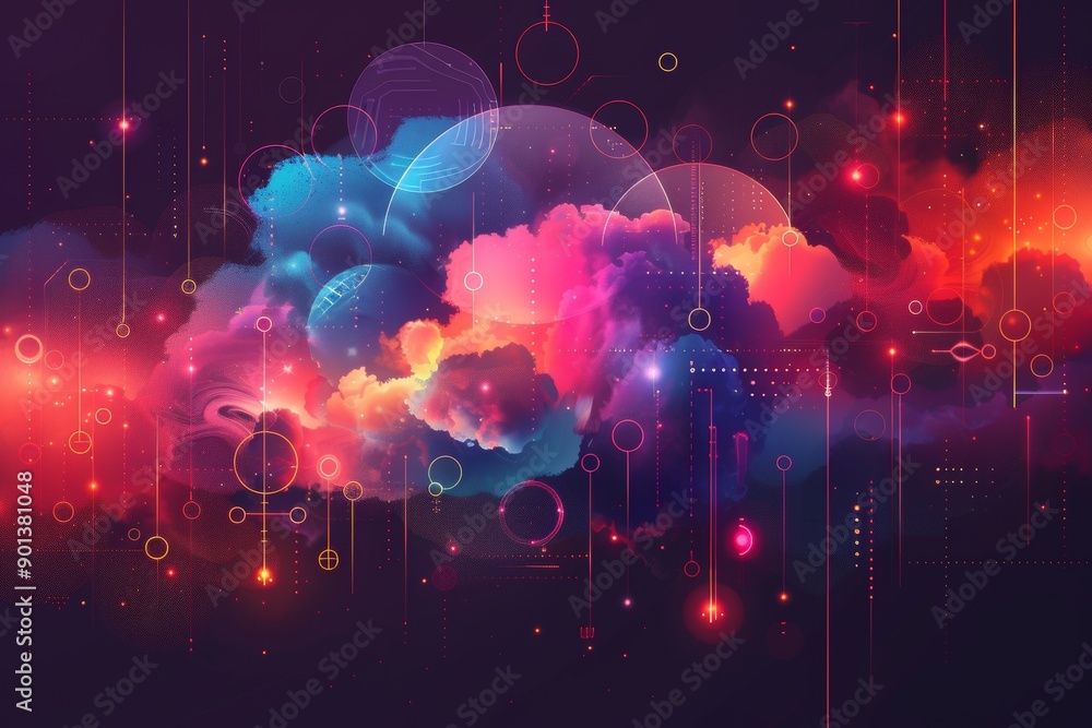 Poster abstract colorful cloud illustration highlighting digital connectivity and tech innovation ideal for