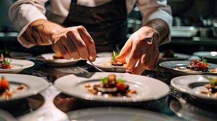 Photograph the process of a chef adding final touches to a tasting menu, illustrating the meticulous attention to detail and creativity that go into each course.