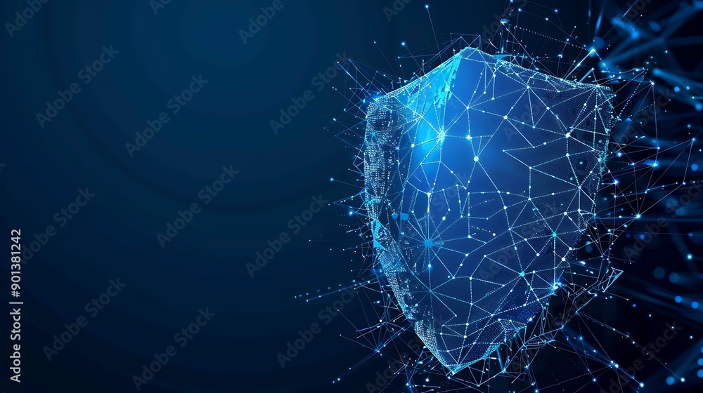 Poster digital shield representing cybersecurity protection and data security on a blue background.