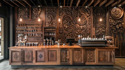 Obraz premium coffee shop celebrates generationsroasting, and serving beans on a backdrop of intricately carved wooden panels.