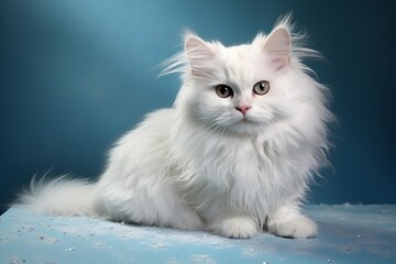 Fototapeta premium Elegant white fluffy cat with striking eyes posing in a serene winter setting