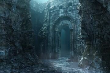 Ancient water temple entrance with ornate carvings and glowing blue water