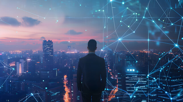 Business man on future network city. Generative Ai.
