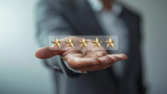 Businessman holding transparent five-star rating display for business, review, and customer satisfaction concepts