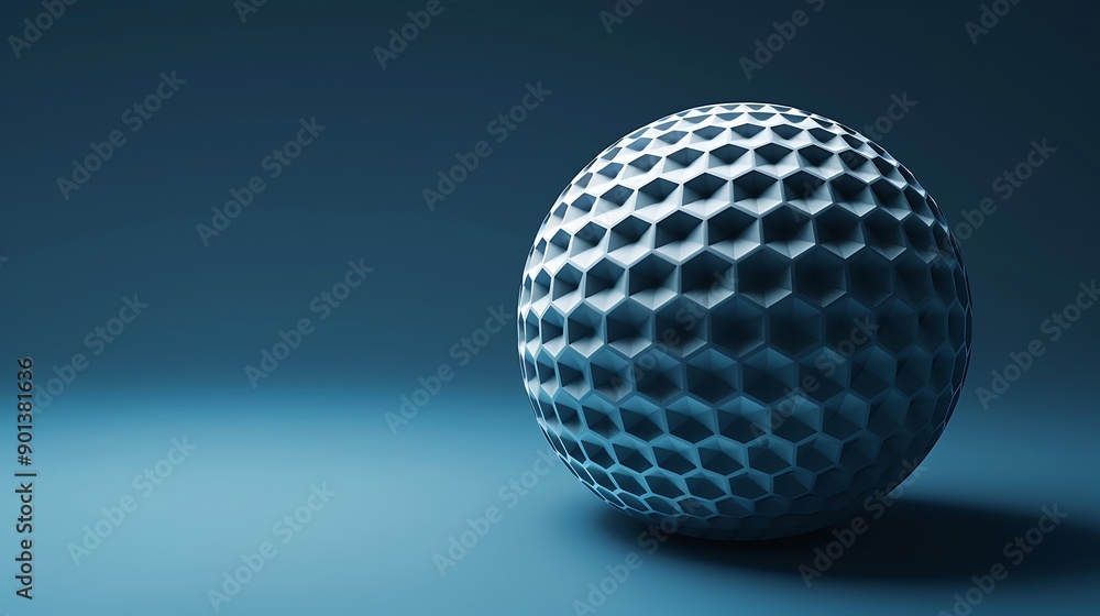Poster 3d rendered image of a white sphere with a geometric pattern on a blue background.