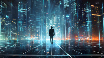 Business man on future network city. Generative Ai.