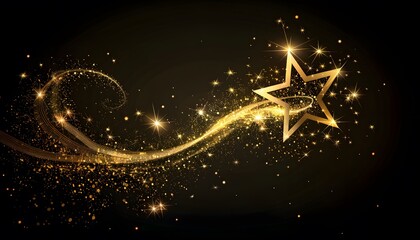 Stars with glowing golden sparkles, vector light effects on black background. Bright shining glitter sparks of gold stars with waves of sparkling dust trail, Christmas, magic or space themes 
