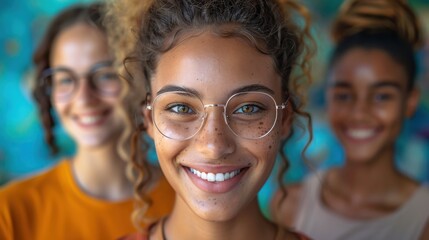 Three friends with diverse looks are smiling joyfully with a vibrant and colorful background, emphasizing their happiness and camaraderie in the image.