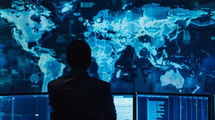 Cybersecurity analyst monitoring threats on blue map