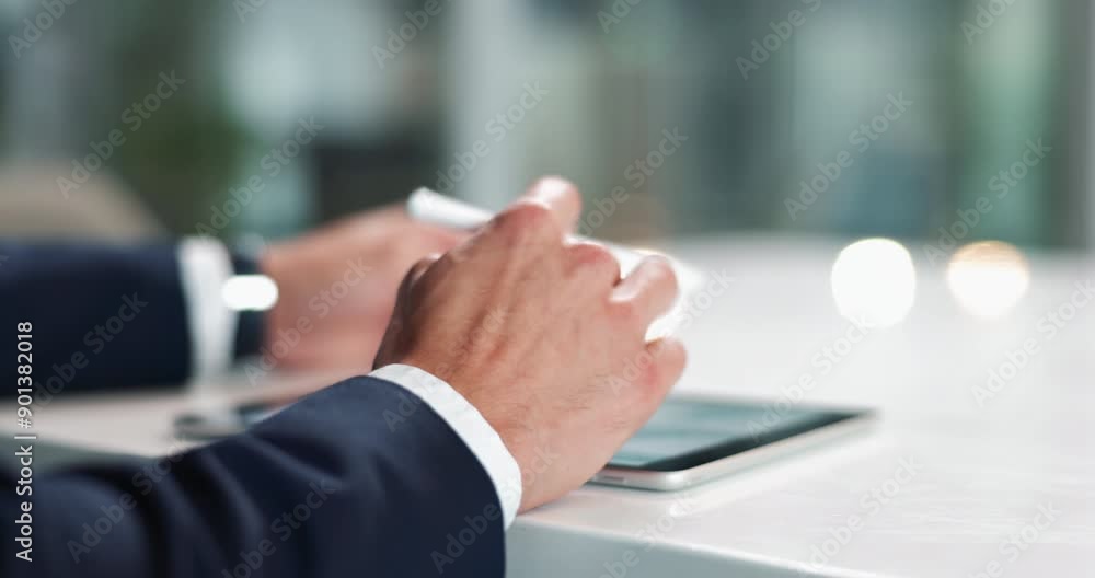 Aufkleber hands, pen and tablet with business person at desk in office closeup for information or research. co