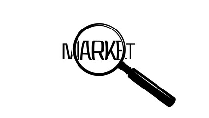 Market research symbol, magnifying glass with word market, black isolated silhouette