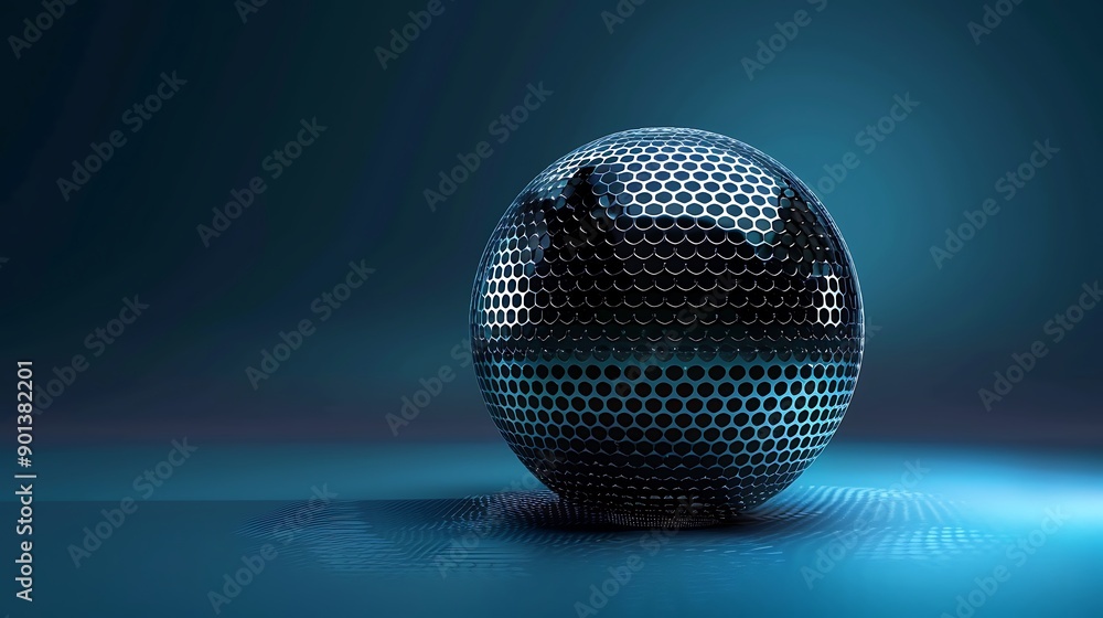 Poster shiny metallic sphere with a hexagonal pattern on a dark blue background.