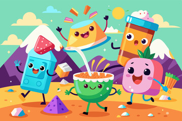 Naklejka premium In this illustration, cartoon characters are pouring milk into a pudding cup. A group of cartoon characters happily pour milk into a cup of pudding on the table, creating a delightful scene of enterta