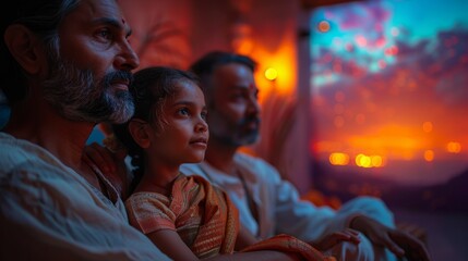 Obraz premium An Indian family watches film footage from a projector
