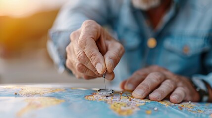 A close-up view of someone pinning a specific location on a world map, symbolizing travel plans, desire for adventure, and the excitement of exploring new places.