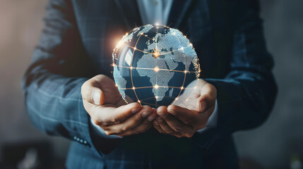 Businessman hold global business globe with network connected to digital marketing strategy. Generative Ai.