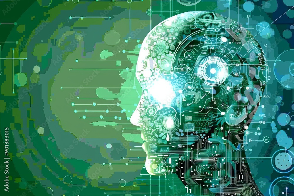Poster futuristic digital brain illustration highlighting advanced neural networks and tech innovation idea