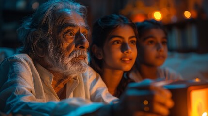 Obraz premium An Indian family watches film footage from a projector