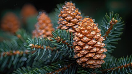 close up photo of pine cones on an evergreen tree