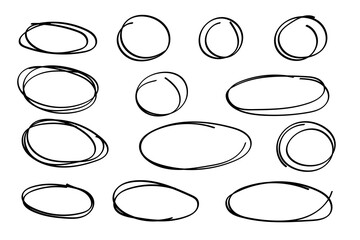 Grunge circles set, hand drawn encircle round highlight elements. Sketchy ovals and ellipses, important marker accentuation. Doodle frame design. Isolated. Vector illustration.