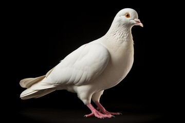 Obraz premium Serene white pigeon poses against a dark backdrop, showcasing its beautiful plumage