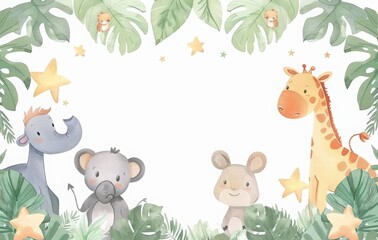 Obraz premium World Wildlife Day poster with cute cartoon animals and copy space for text. banner template design concept with cute bear, monkey, lion, elephant, zebra, giraffe and wild plants, flowers, clouds