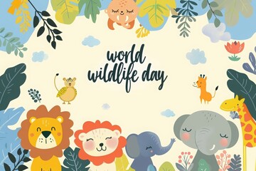 World Wildlife Day poster with cute cartoon animals and copy space for text. banner template design concept with cute bear, monkey, lion, elephant, zebra, giraffe and wild plants, flowers, clouds