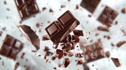 High-resolution image of delicious chocolate pieces flying in the air. The composition features various types of chocolate, including dark, milk
