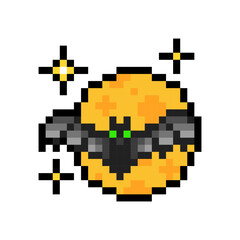 Bat against the full moon isolated on transparent background. Halloween character icon. Vector pixel art illustration in 16 bit old style.