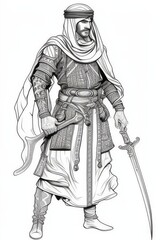 Obraz premium coloring book arab warrior, full body, hand drown line art