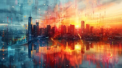 Fototapeta premium Stunning city skyline at sunset, featuring vibrant colors and reflections on water, capturing the essence of urban beauty.