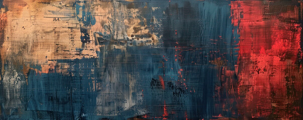 Abstract painting featuring bold brushstrokes in red, blue, and beige tones creating a textured and dynamic composition.