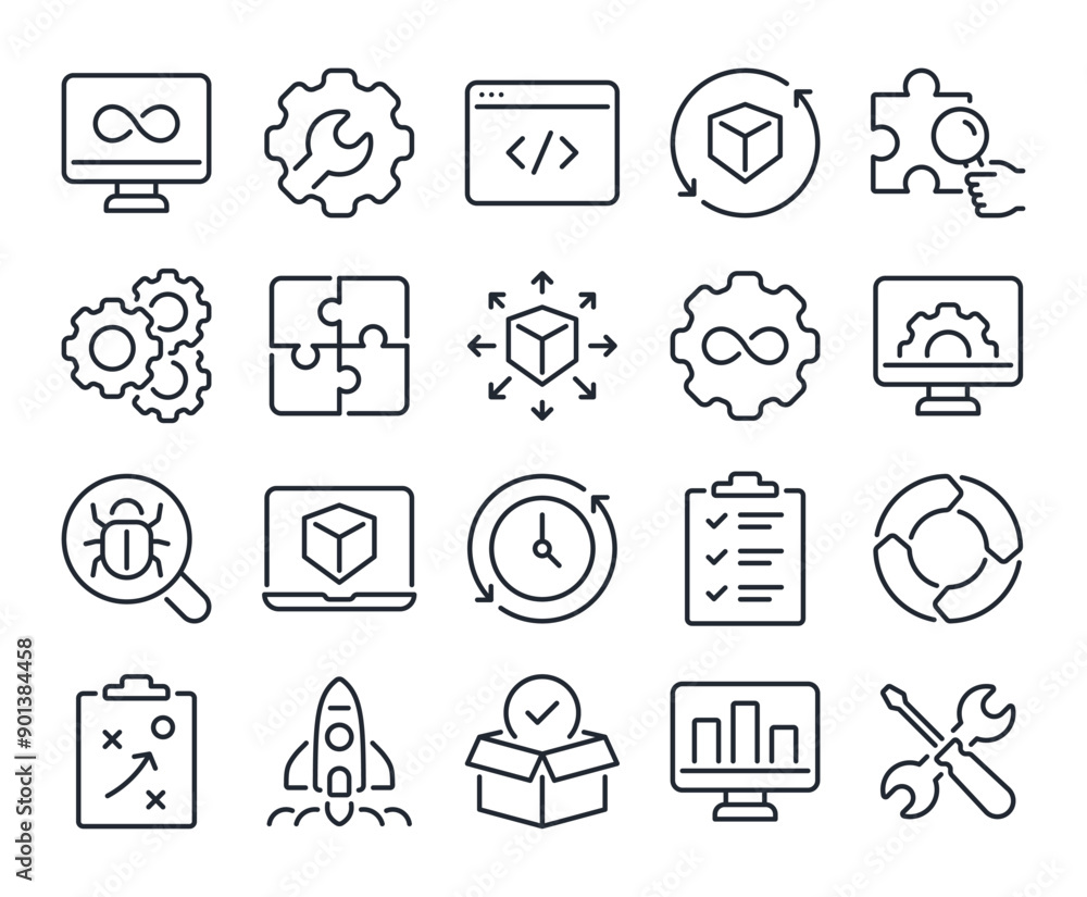 Wall mural devops development and operations concept editable stroke outline icons set isolated on white backgr