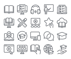 Education, seminar, online learning, webinar editable stroke outline icons set isolated on white background flat vector illustration. Pixel perfect. 64 x 64