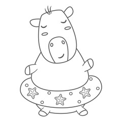 cute hand drawn black and white cartoon character capybara with rubber ring funny summer vector illustration isolated on white background for coloring art