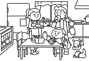 Family have a breakfast.