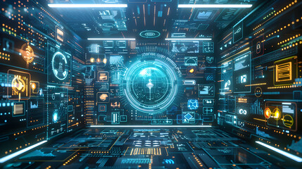 Fototapeta premium Computer Readings, Data Flow Calculating. IT HUD Computer Measurements. IT Technology on Virtual Screen. Generative Ai.