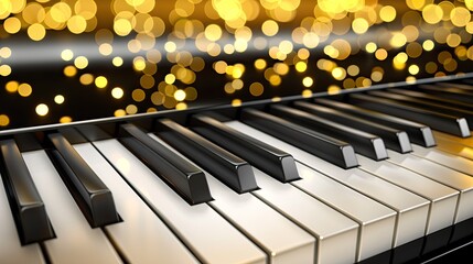 Close-Up View of a Piano Keyboard With Glowing Golden Bokeh Lights