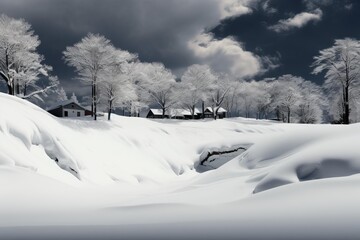 Dramatic snowy scene with trees and rural homes under a moody sky