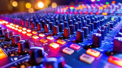 Obraz premium Exploring a Colorful Audio Mixer With Multiple Controls and Lights