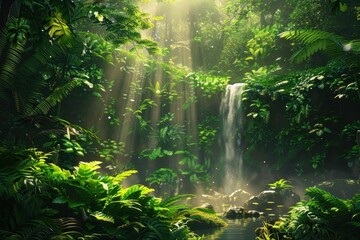 Obraz premium Lush Green Waterfall in Dense Tropical Rainforest with Sun Rays and Plants