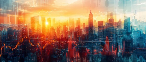Fototapeta premium Vibrant sunset over a city skyline, showcasing a stunning blend of colors and urban architecture, perfect for travel and lifestyle themes.