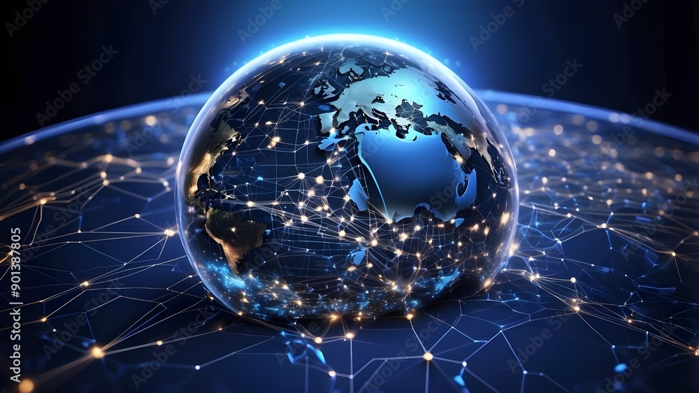 Aufkleber global connectivity and technology idea presented in the form of a microcircuit, with a front perspe